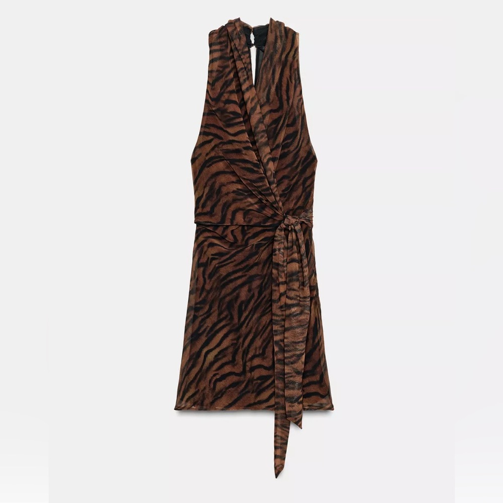NWT Zara Animal Print Brown and Black Wrap Mini Dress - XS - NEW